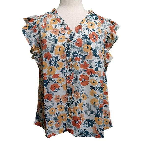 NWT Voy Floral Ruffle Sleeve Blouse~Hidden Buttons~Fall Colors~Size SMALL - Picture 1 of 8